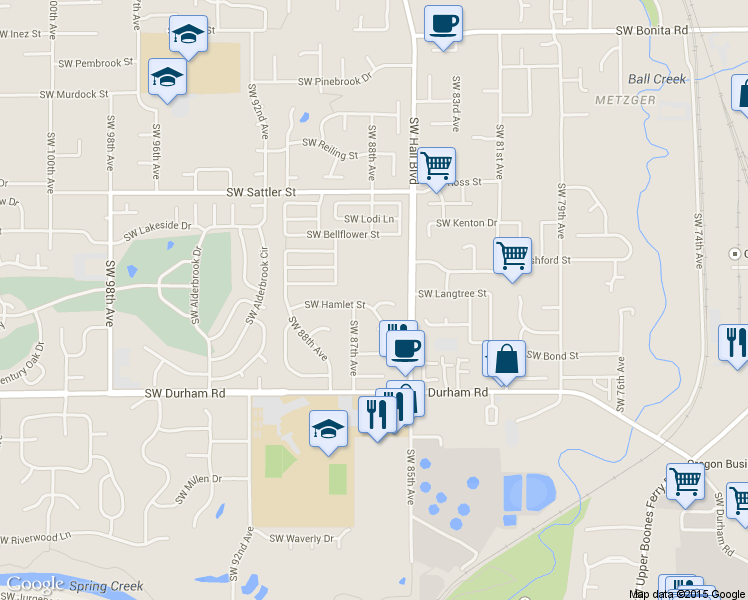 map of restaurants, bars, coffee shops, grocery stores, and more near 8653 Southwest Hamlet Street in Tigard