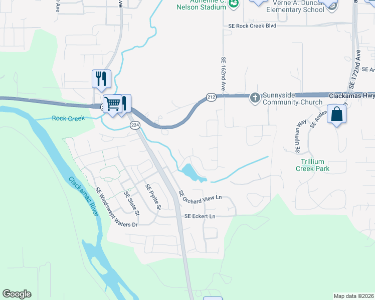 map of restaurants, bars, coffee shops, grocery stores, and more near 15885 Southeast Goosehollow Drive in Damascus