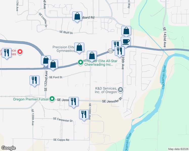 map of restaurants, bars, coffee shops, grocery stores, and more near 15830 Southeast 130th Avenue in Clackamas