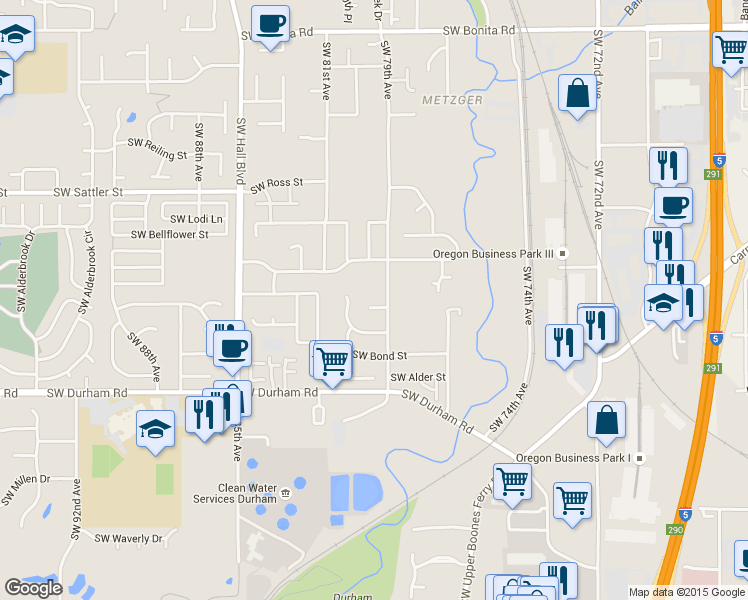 map of restaurants, bars, coffee shops, grocery stores, and more near 7924 Southwest Kelso Court in Tigard