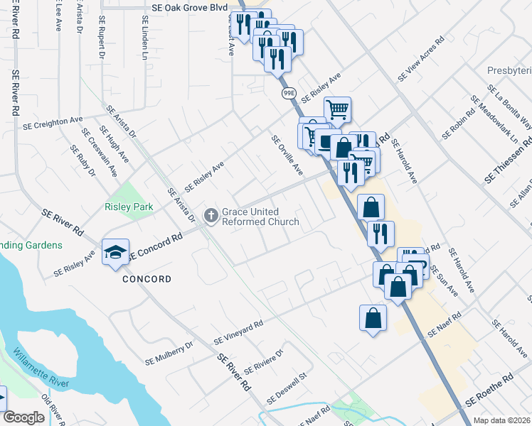 map of restaurants, bars, coffee shops, grocery stores, and more near 16073 Southeast Pinot Road in Milwaukie