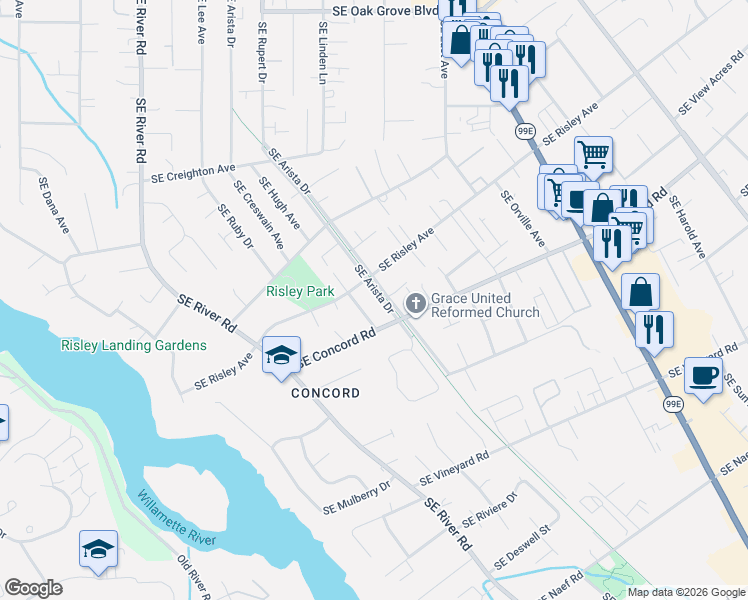 map of restaurants, bars, coffee shops, grocery stores, and more near 2709 Southeast Concord Road in Milwaukie