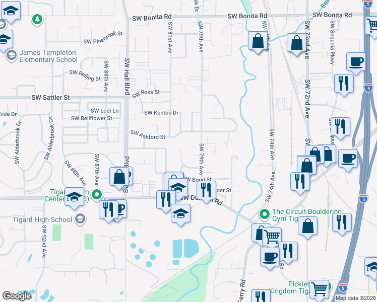 map of restaurants, bars, coffee shops, grocery stores, and more near 7924 Southwest Kelso Court in Tigard