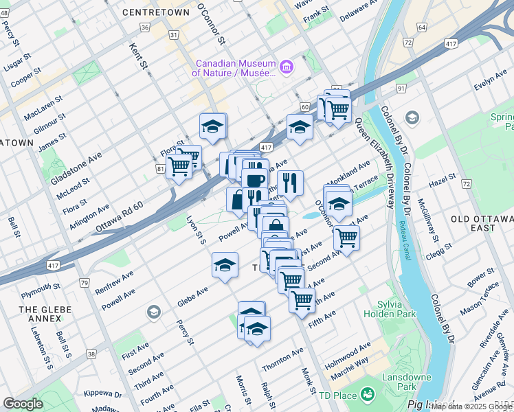 map of restaurants, bars, coffee shops, grocery stores, and more near 661 Bank Street in Ottawa