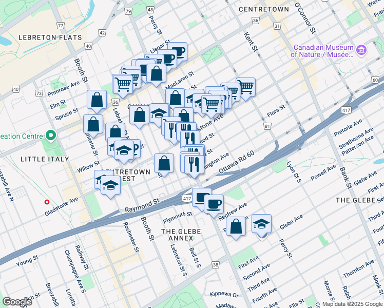 map of restaurants, bars, coffee shops, grocery stores, and more near in Ottawa