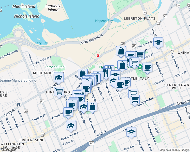 map of restaurants, bars, coffee shops, grocery stores, and more near in Ottawa