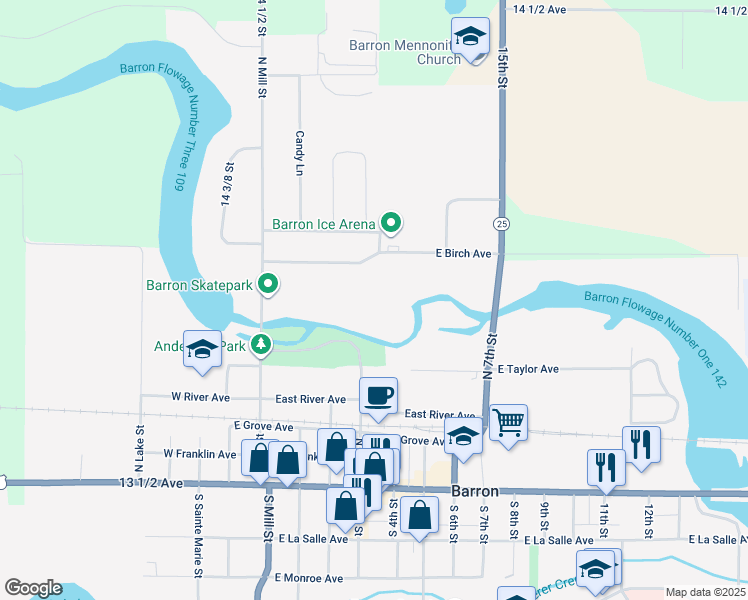 map of restaurants, bars, coffee shops, grocery stores, and more near 350 East Birch Avenue in Barron