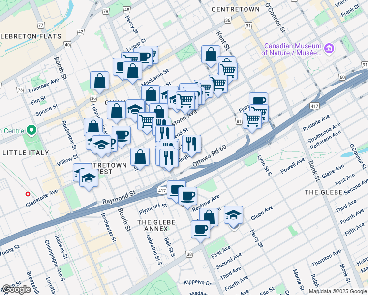 map of restaurants, bars, coffee shops, grocery stores, and more near 306 Flora Street in Ottawa