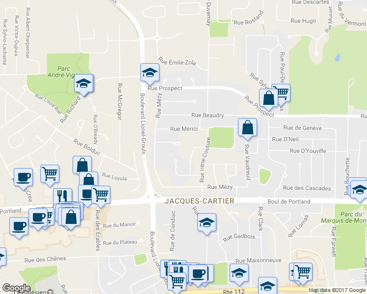 map of restaurants, bars, coffee shops, grocery stores, and more near 2736 Rue Dussault in Sherbrooke