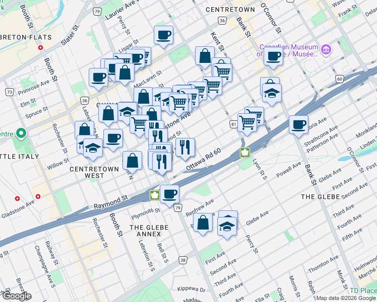 map of restaurants, bars, coffee shops, grocery stores, and more near 453 Ottawa Road 60 in Ottawa