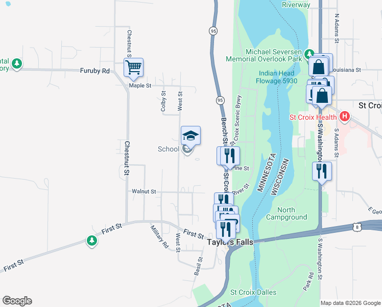 map of restaurants, bars, coffee shops, grocery stores, and more near 648 West Street in Taylors Falls