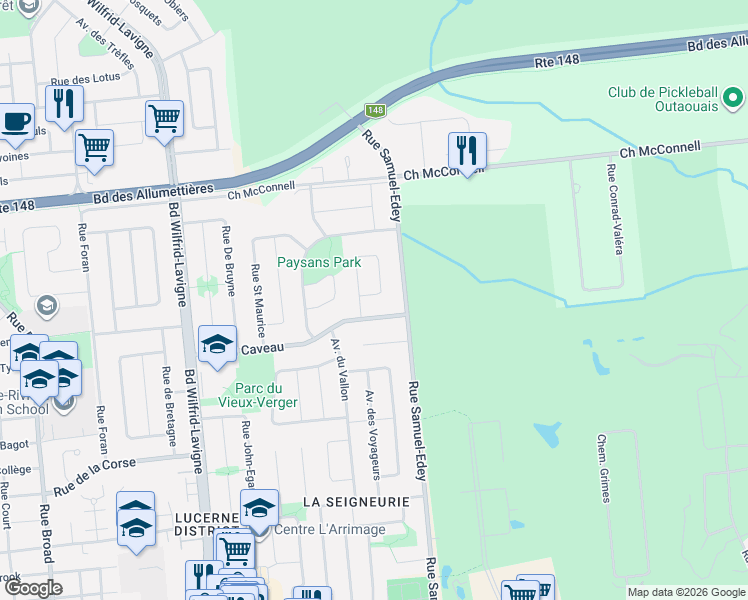 map of restaurants, bars, coffee shops, grocery stores, and more near 412 Rue des Forages in Gatineau