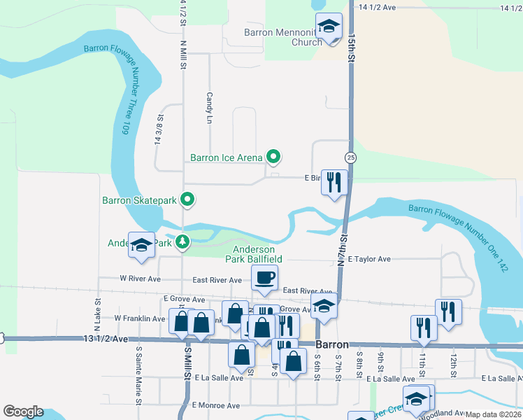 map of restaurants, bars, coffee shops, grocery stores, and more near 350 East Birch Avenue in Barron