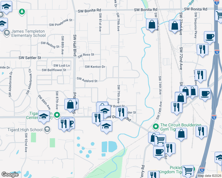 map of restaurants, bars, coffee shops, grocery stores, and more near 7924 Southwest Kelso Court in Tigard