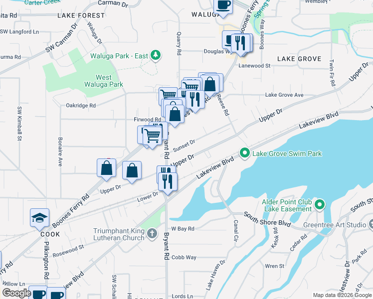 map of restaurants, bars, coffee shops, grocery stores, and more near 4350 Upper Drive in Lake Oswego