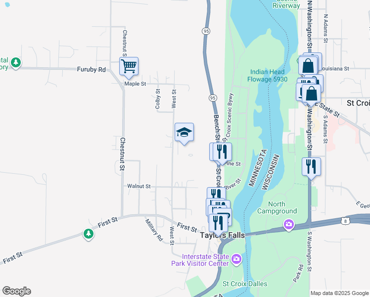 map of restaurants, bars, coffee shops, grocery stores, and more near 648 West Street in Taylors Falls