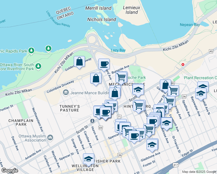 map of restaurants, bars, coffee shops, grocery stores, and more near 159 Parkdale Avenue in Ottawa