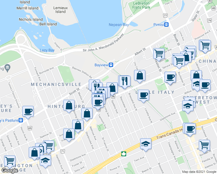 map of restaurants, bars, coffee shops, grocery stores, and more near in Ottawa