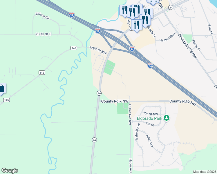 map of restaurants, bars, coffee shops, grocery stores, and more near 17625 County Road 7 Northwest in Clearwater