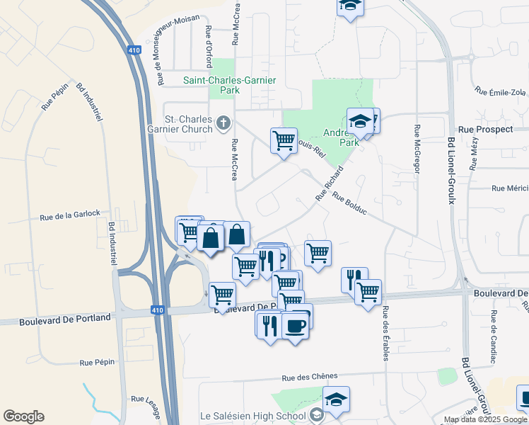 map of restaurants, bars, coffee shops, grocery stores, and more near 3750 Rue Rousseau in Sherbrooke