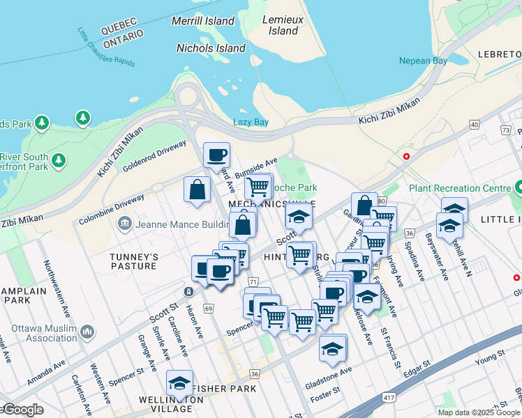 map of restaurants, bars, coffee shops, grocery stores, and more near 173 Hinchey Avenue in Ottawa