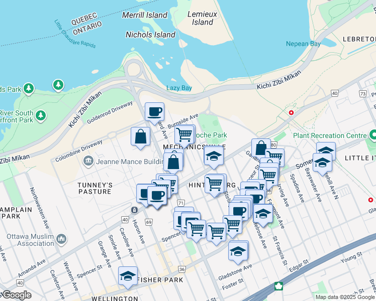 map of restaurants, bars, coffee shops, grocery stores, and more near 58 Lyndale Avenue in Ottawa