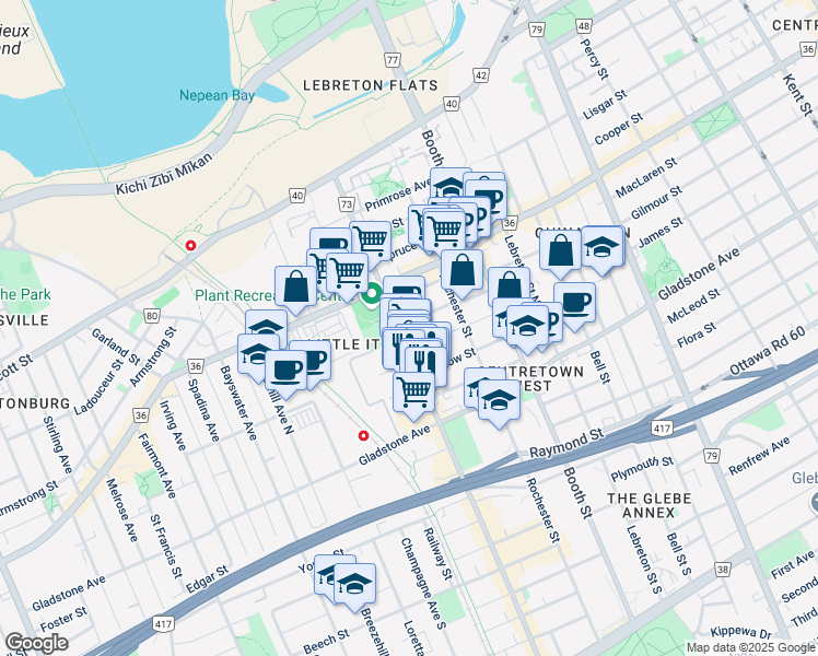 map of restaurants, bars, coffee shops, grocery stores, and more near 86 Poplar Street in Ottawa