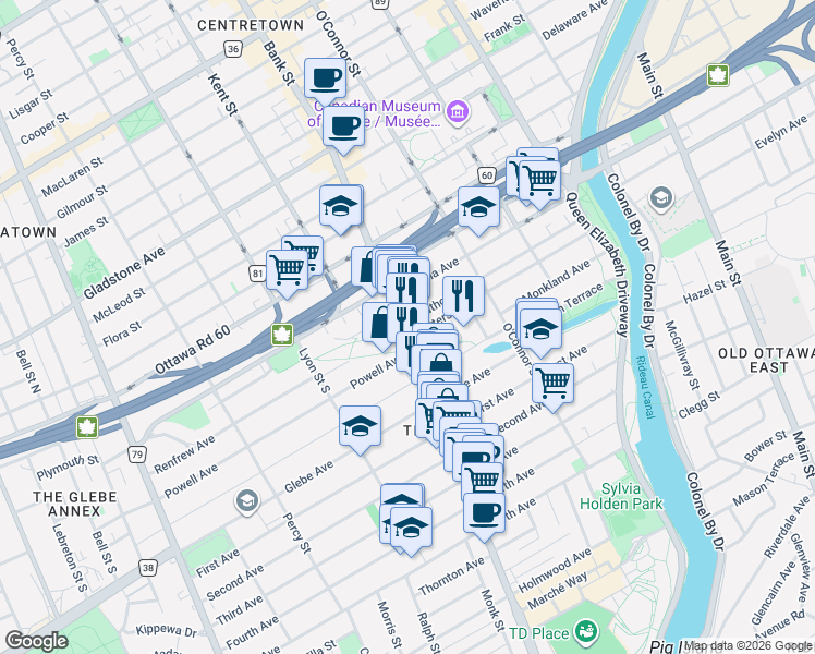 map of restaurants, bars, coffee shops, grocery stores, and more near 619 Bank Street in Ottawa