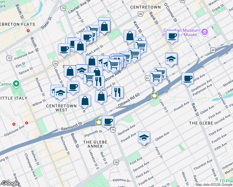 map of restaurants, bars, coffee shops, grocery stores, and more near in Ottawa
