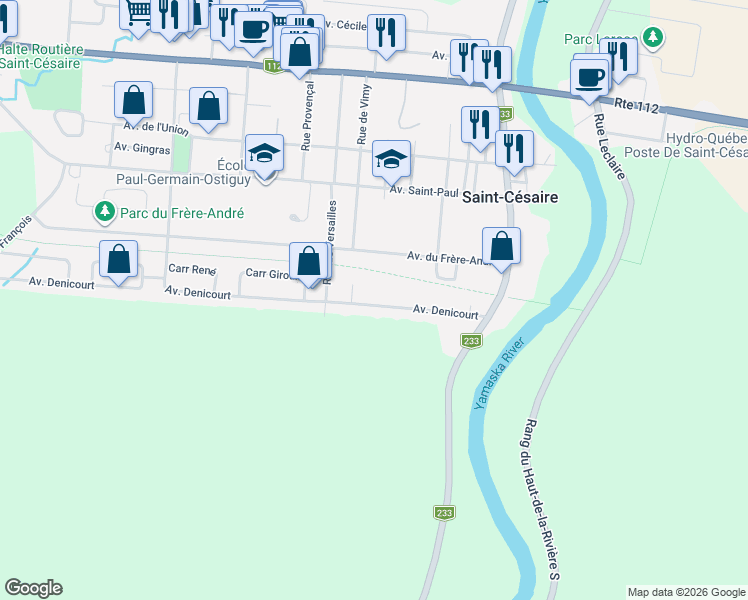 map of restaurants, bars, coffee shops, grocery stores, and more near 1030 Avenue Denicourt in Saint-Césaire