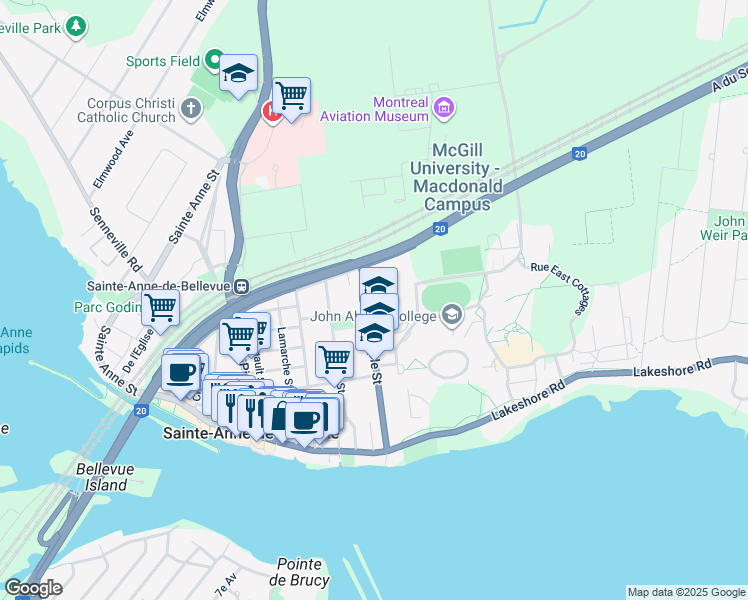 map of restaurants, bars, coffee shops, grocery stores, and more near 23 Rue Maple in Sainte-Anne-de-Bellevue