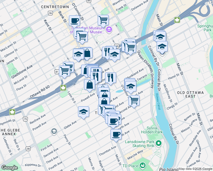 map of restaurants, bars, coffee shops, grocery stores, and more near 4 Allan Place in Ottawa