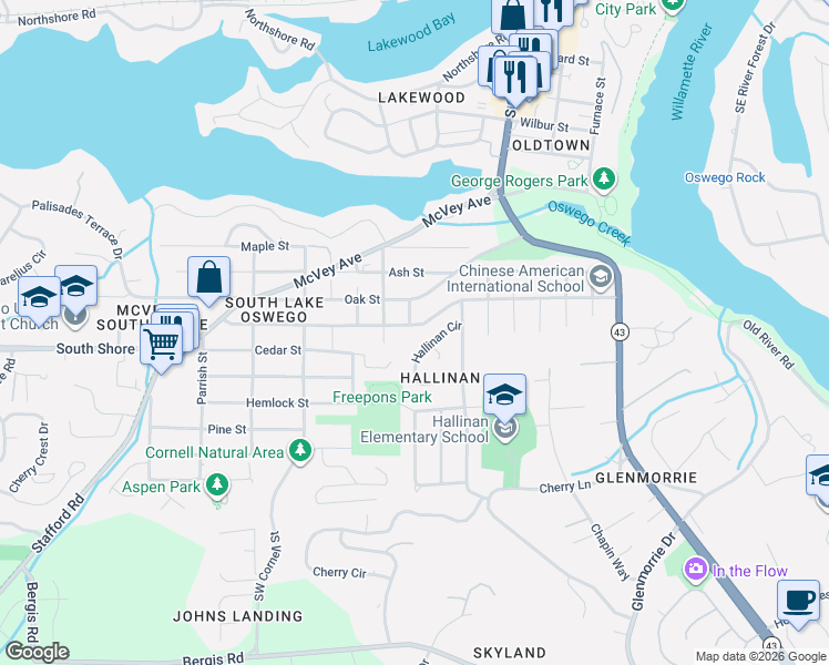 map of restaurants, bars, coffee shops, grocery stores, and more near 782 Laurel Street in Lake Oswego