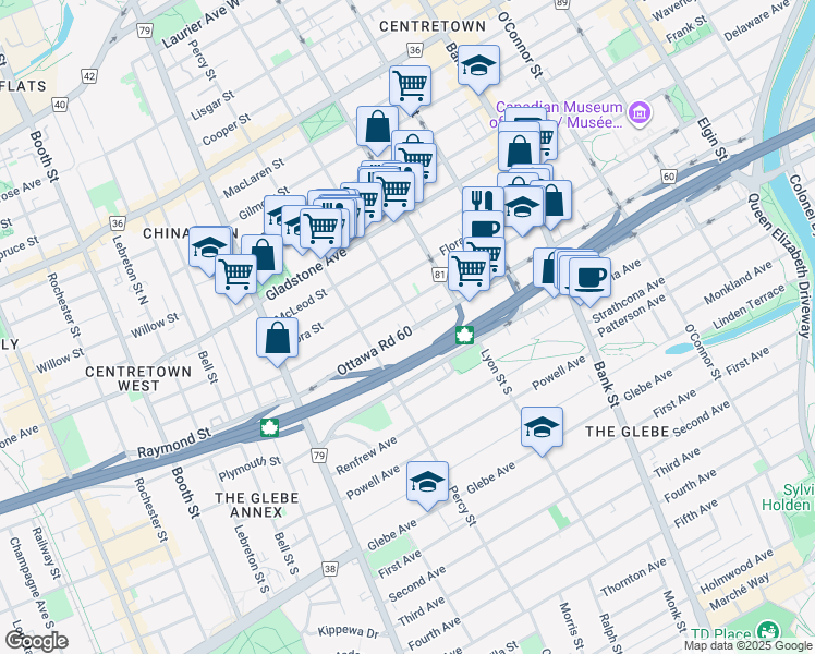 map of restaurants, bars, coffee shops, grocery stores, and more near in Ottawa