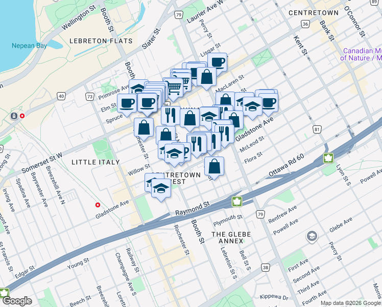 map of restaurants, bars, coffee shops, grocery stores, and more near in Ottawa