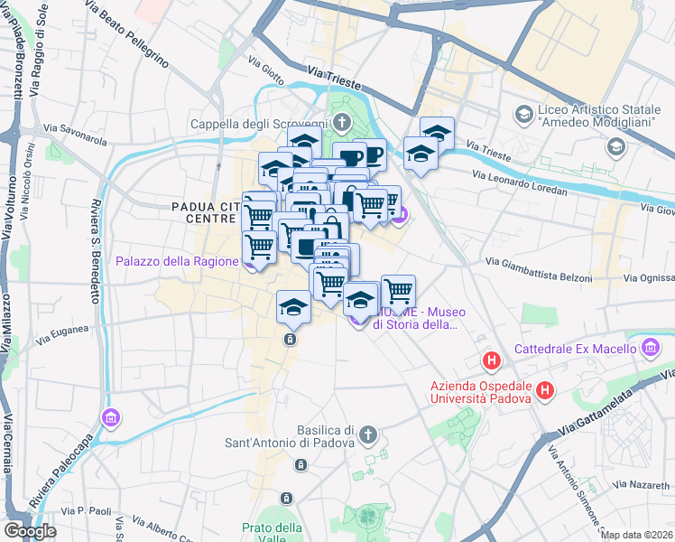 map of restaurants, bars, coffee shops, grocery stores, and more near 2 Via San Biagio in Padova