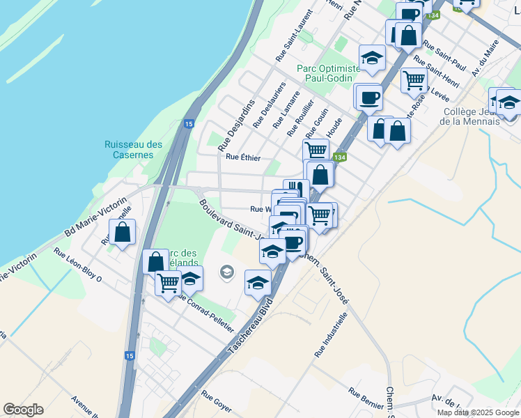map of restaurants, bars, coffee shops, grocery stores, and more near Rue White in La Prairie
