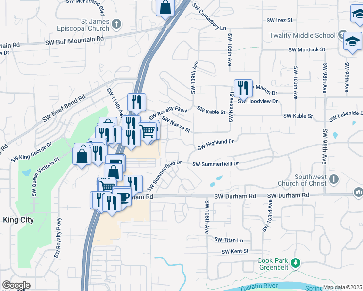 map of restaurants, bars, coffee shops, grocery stores, and more near 15485 Southwest Fountainwood Place in Tigard