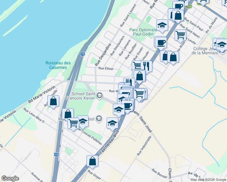 map of restaurants, bars, coffee shops, grocery stores, and more near 365 Rue White in La Prairie