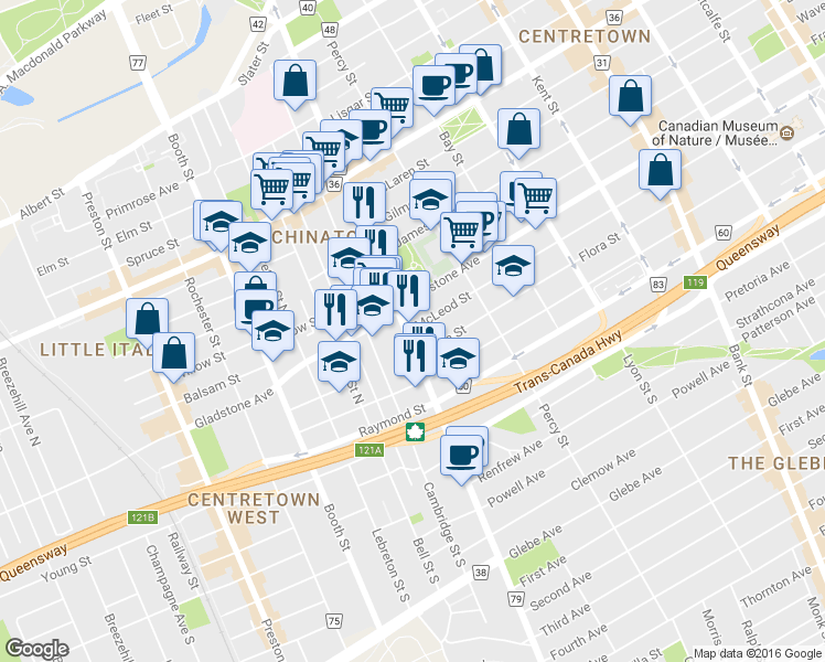 map of restaurants, bars, coffee shops, grocery stores, and more near in Ottawa