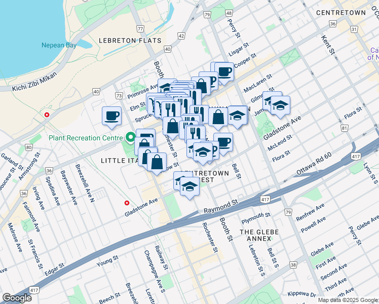map of restaurants, bars, coffee shops, grocery stores, and more near in Ottawa