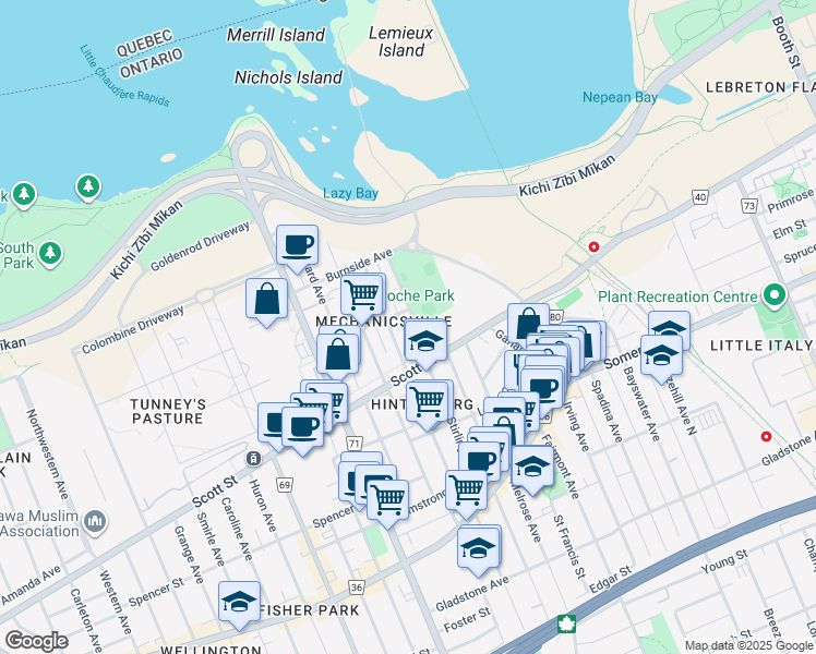 map of restaurants, bars, coffee shops, grocery stores, and more near 62 Stonehurst Avenue in Ottawa