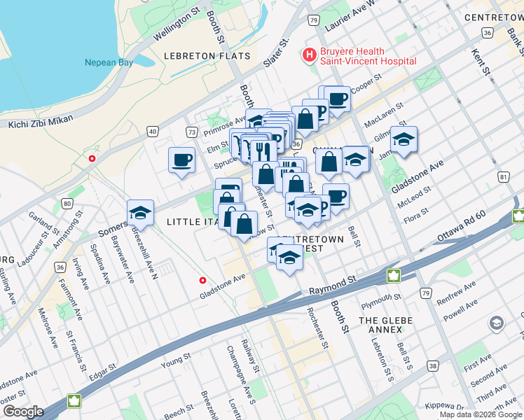map of restaurants, bars, coffee shops, grocery stores, and more near in Ottawa