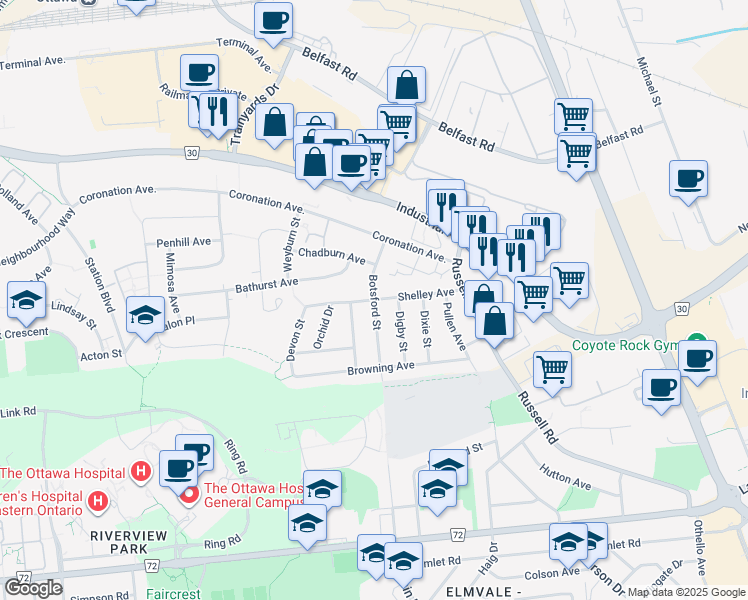 map of restaurants, bars, coffee shops, grocery stores, and more near Botsford Street in Ottawa