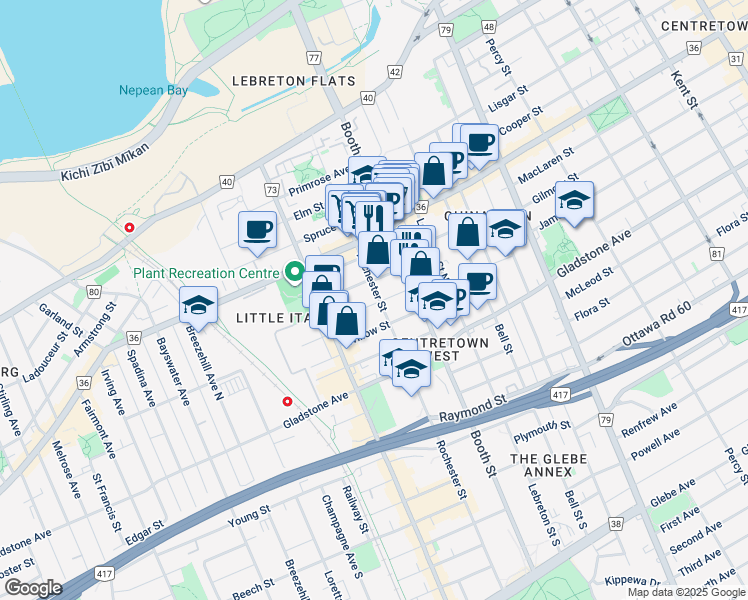 map of restaurants, bars, coffee shops, grocery stores, and more near in Ottawa