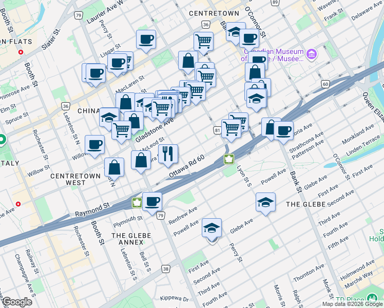 map of restaurants, bars, coffee shops, grocery stores, and more near in Ottawa