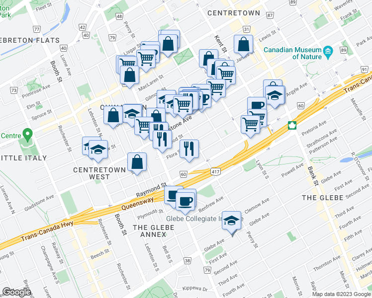 map of restaurants, bars, coffee shops, grocery stores, and more near 290 Flora Street in Ottawa