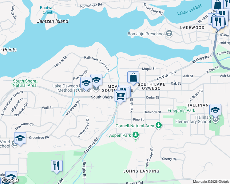 map of restaurants, bars, coffee shops, grocery stores, and more near 1708 Conifer Drive in Lake Oswego