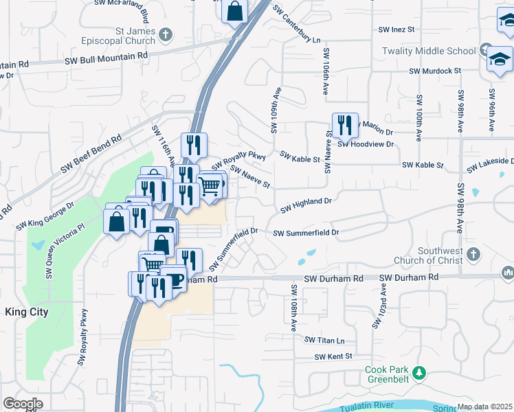 map of restaurants, bars, coffee shops, grocery stores, and more near 15485 Southwest Fountainwood Place in Tigard