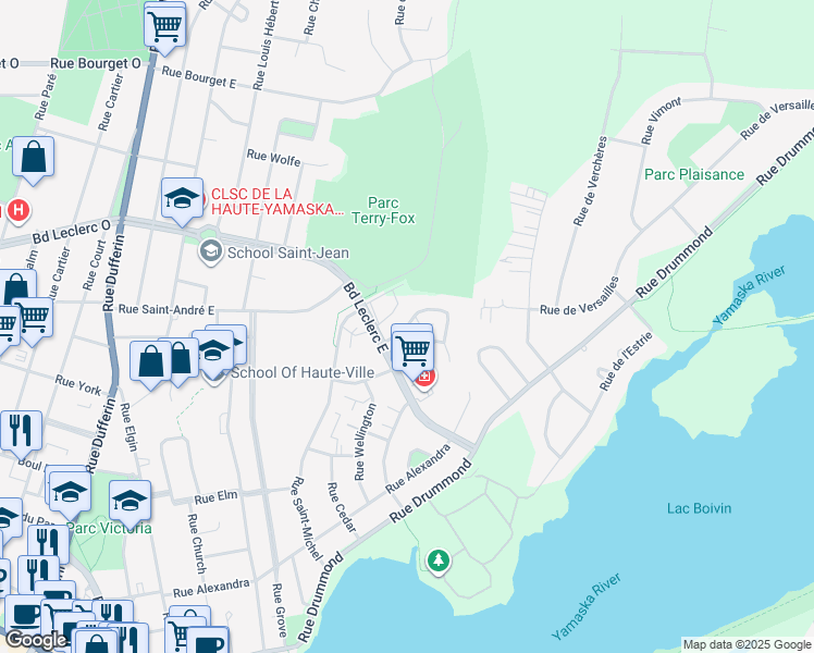 map of restaurants, bars, coffee shops, grocery stores, and more near Rue Dozois in Granby